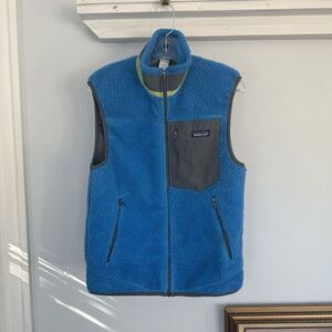 Patagonia Mens Small Retro-X Deep Pile Fleece Vest Zip Windproof Pockets Blue